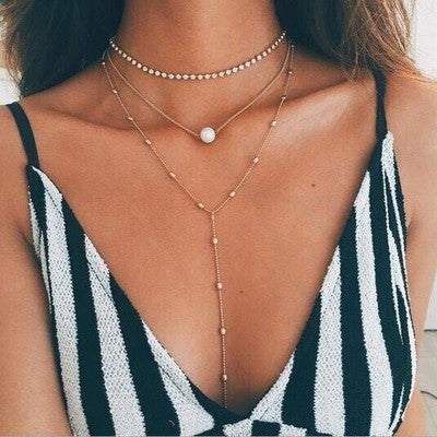 Women's Crystal Pendant Three-layer Necklace Set