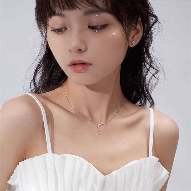 Collar de plata de ley con borla de luna, cadena de clavícula femenina