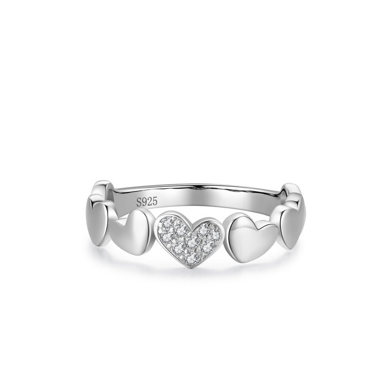 S925 Silver Sweet Personality Heart-shaped Micro Rhinestone Ring