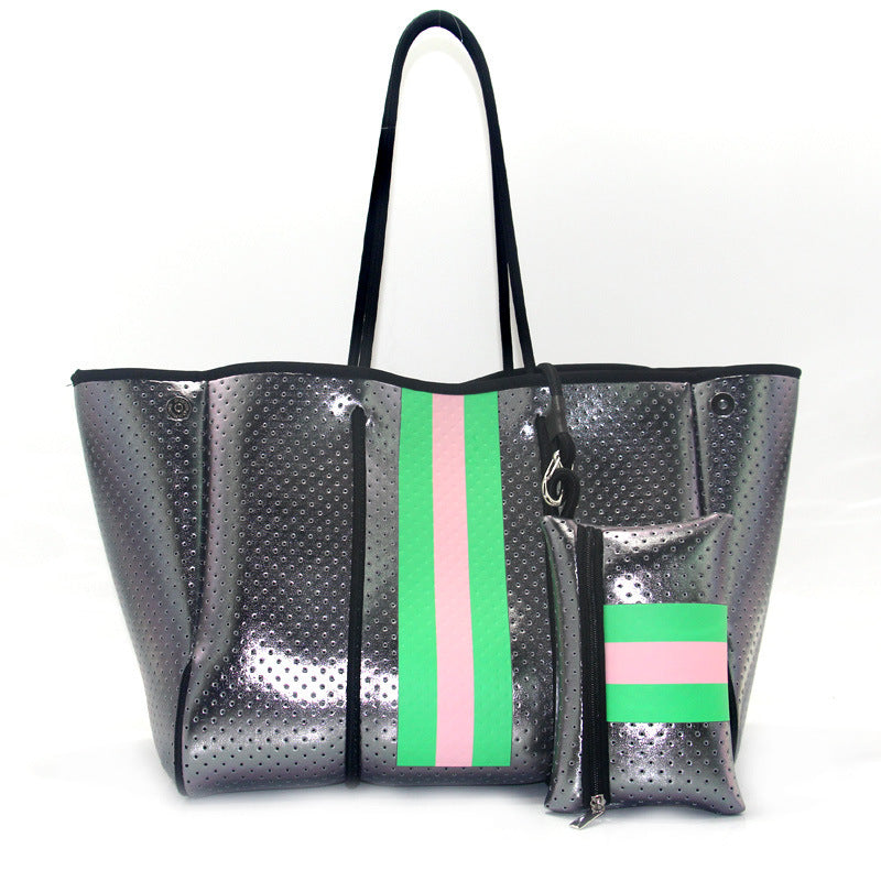 Bolso de playa portátil negro impreso con estampado de leopardo, viaje de ocio