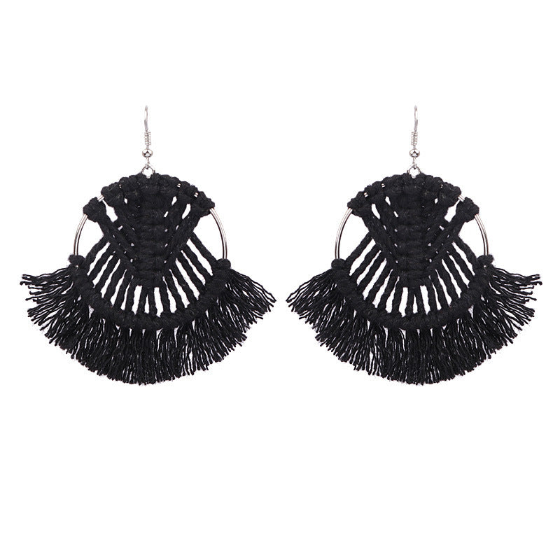 Boucles D'oreilles Pompon Bohème Tissage Fait Main Style Ethnique Bois