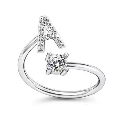 Female Stylish Adjustable Zircon 26 Letters Ring