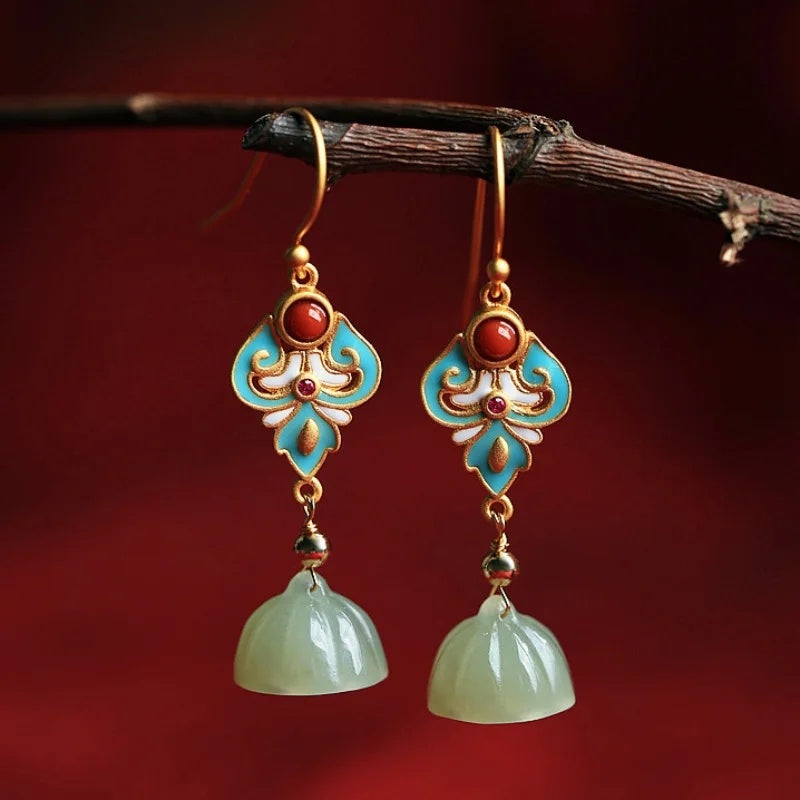 Boucles d'oreilles en argent Sterling et or ancien, Jade Hetian, graine de Lotus, émail pour femmes, rétro capricieuses