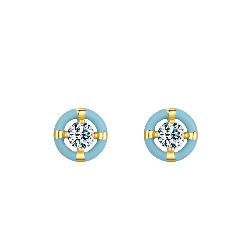 S925 Sterling Silver Special-interest Design Round Blue Enamel Stud Earrings