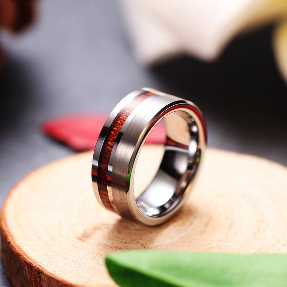 Anneau de tungstène à une rangée de grain de bois pour hommes