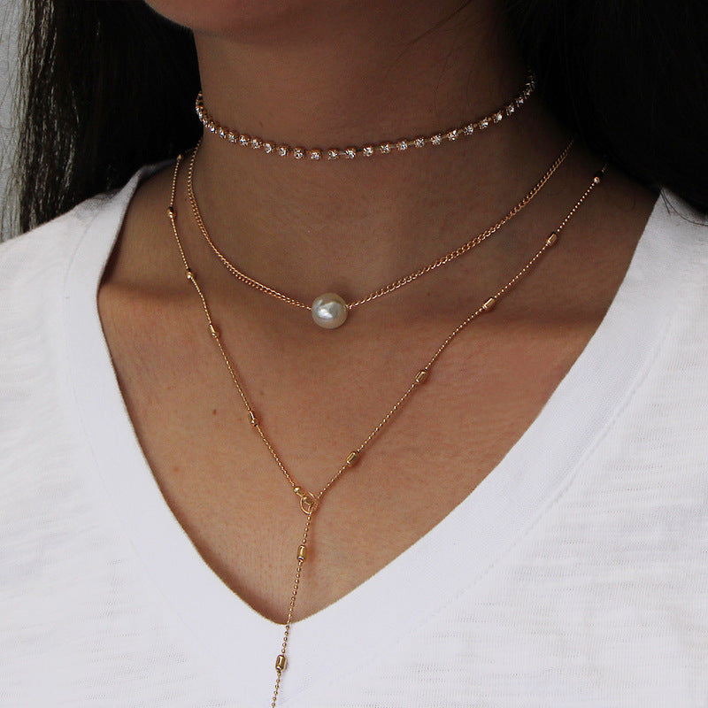 Women's Crystal Pendant Three-layer Necklace Set