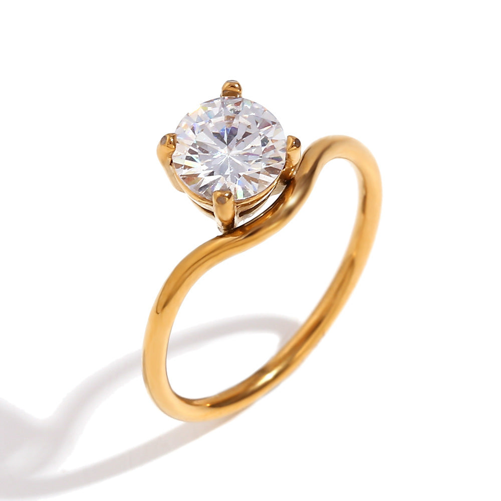 Affordable Luxury Fashion Waveform Ring Shank Gold Zircon Ring Stainless Steel Plated 18K