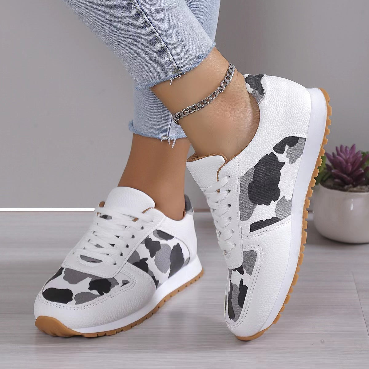 Fashoin imprimé léopard chaussures de sport à lacets pour femmes baskets décontracté course marche chaussures plates