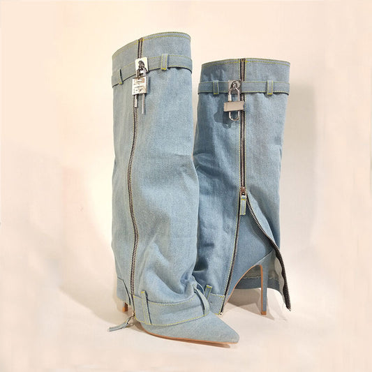 Botte haute décontractée avec fermeture éclair et boucle en métal pour femme, mode féminine pointue