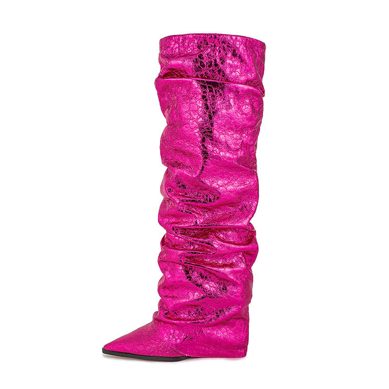 Botte haute plissée à manches pointues pour femmes