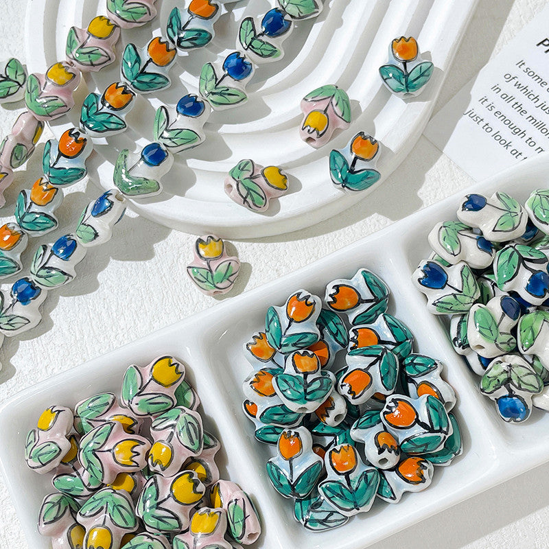 Porcelaine peinte à la main imprimé tulipe perles en céramique perforées bijoux à bricoler soi-même accessoires matériaux
