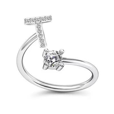 Female Stylish Adjustable Zircon 26 Letters Ring