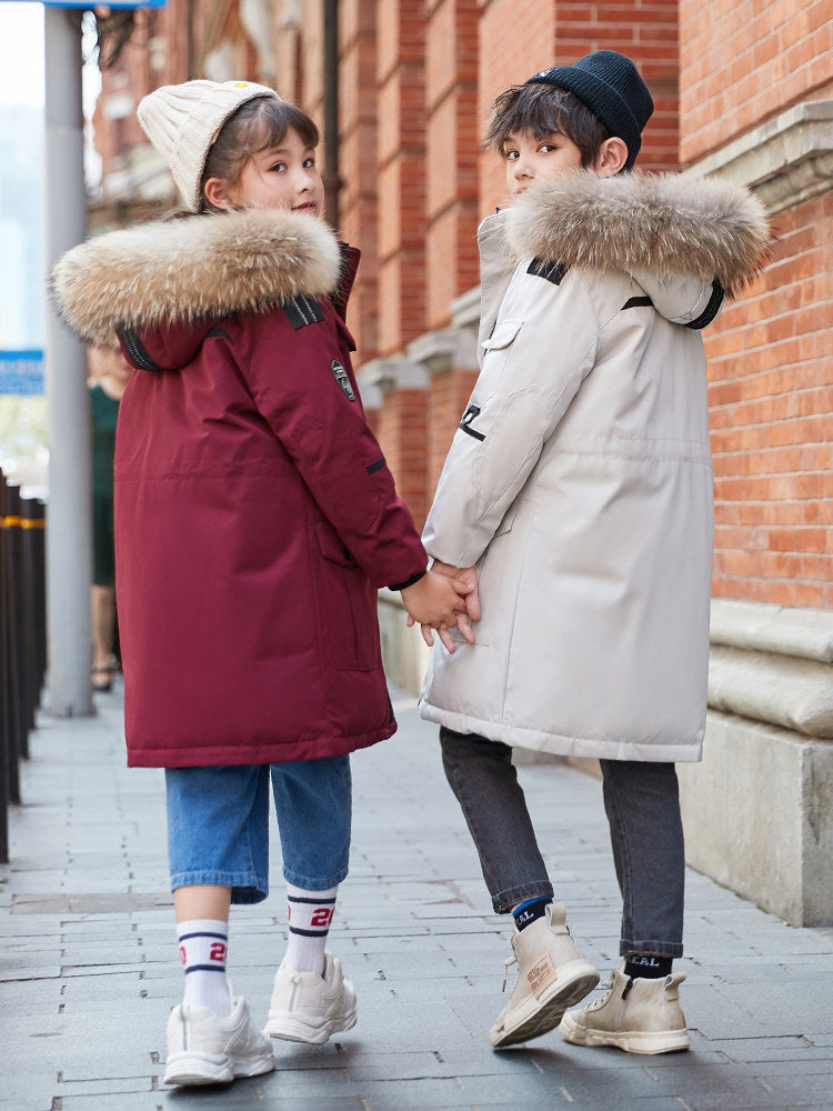 Doudoune enfant garçon mi-longue épaississement grande taille col fourrure manteau