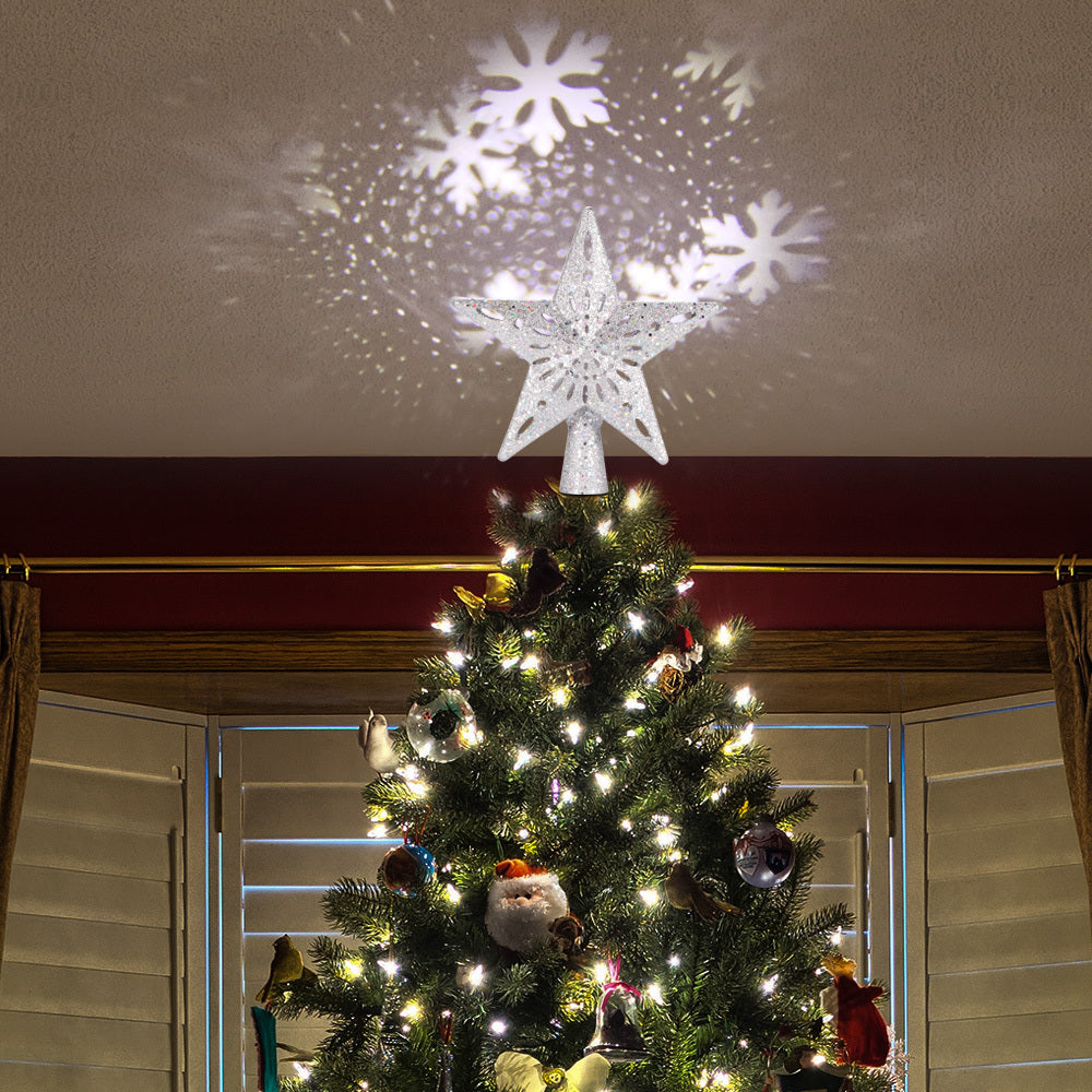 Lumière supérieure d'arbre de noël en forme d'étoile et de flocon de neige, projecteur Laser LED, lumières d'ornement d'arbre de noël