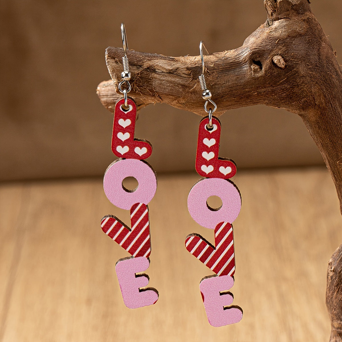 Boucles d'oreilles décoratives en bois en forme de lettre de coeur, série saint-valentin