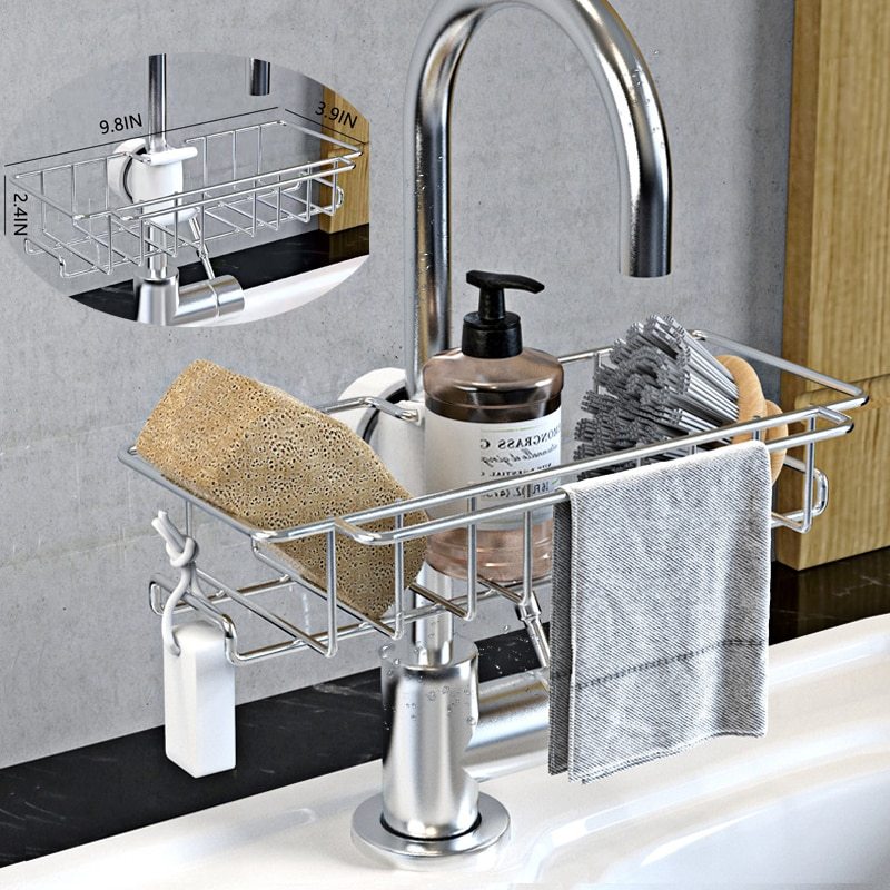 Estante de almacenaje para fregadero de acero inoxidable, grifo ajustable para cocina y baño, escurridor de platos, organizador de cocina