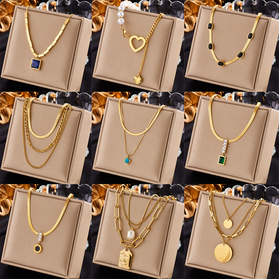 Collier double en acier titane avec pendentif carré diamant
