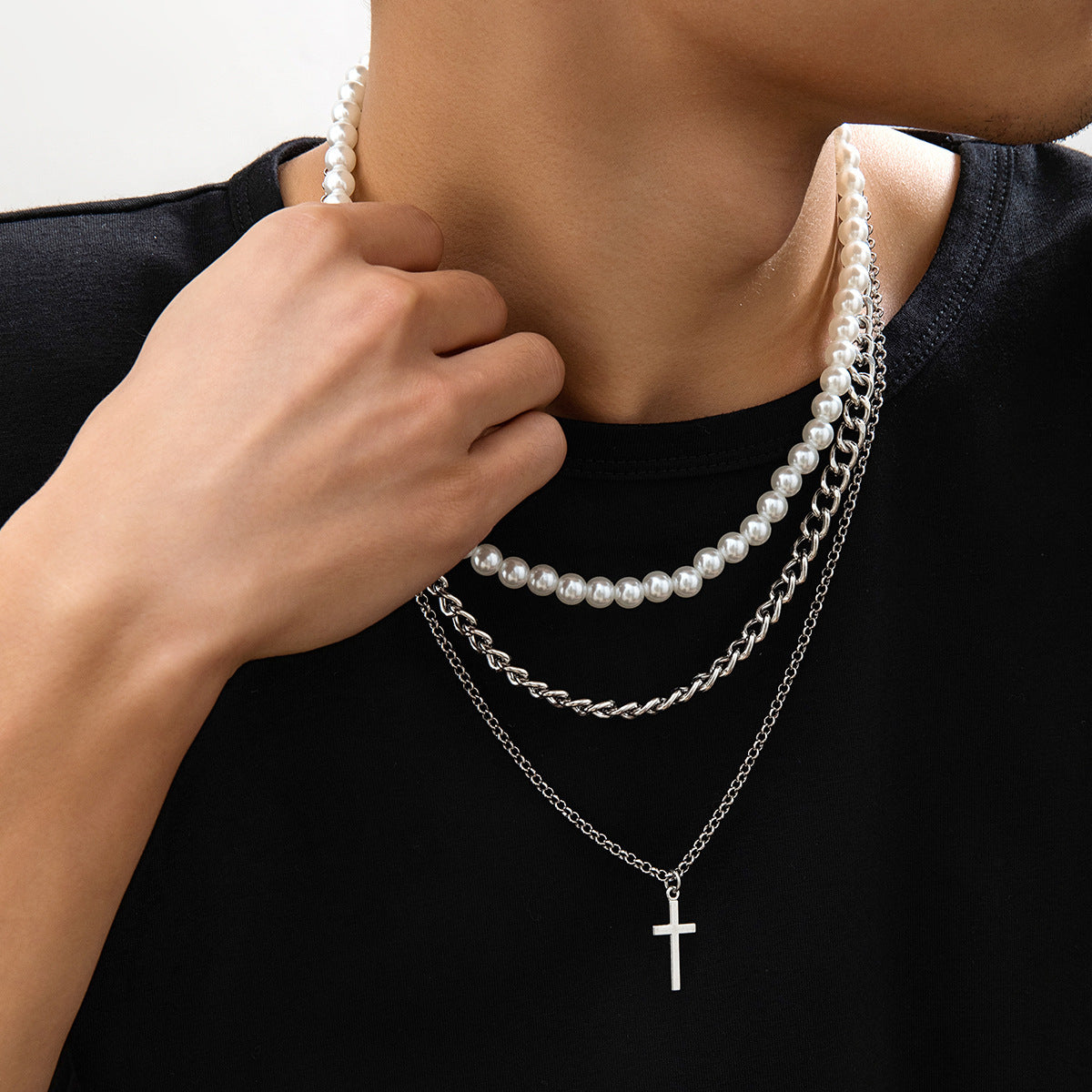 Collier Hip Hop Hipster européen avec croix de perles