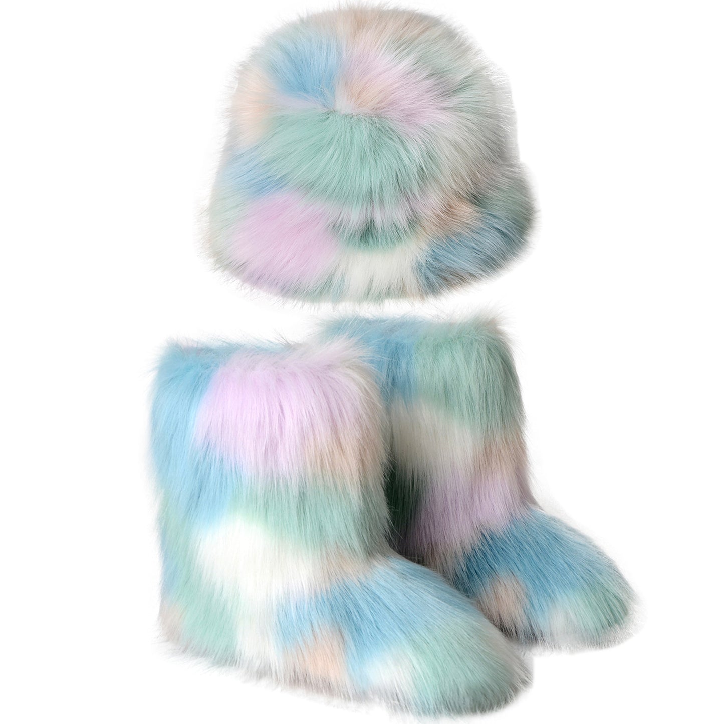 Bottes chaudes en peluche, chapeau seau en fourrure colorée