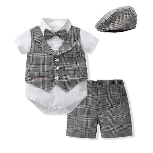 Costume de gentleman pour bébé garçon, barboteuse, gilet, short, nœud papillon