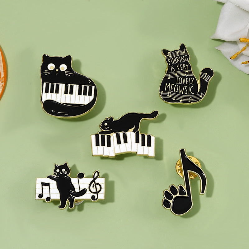 Broche en alliage de notes de piano de chat noir mignon