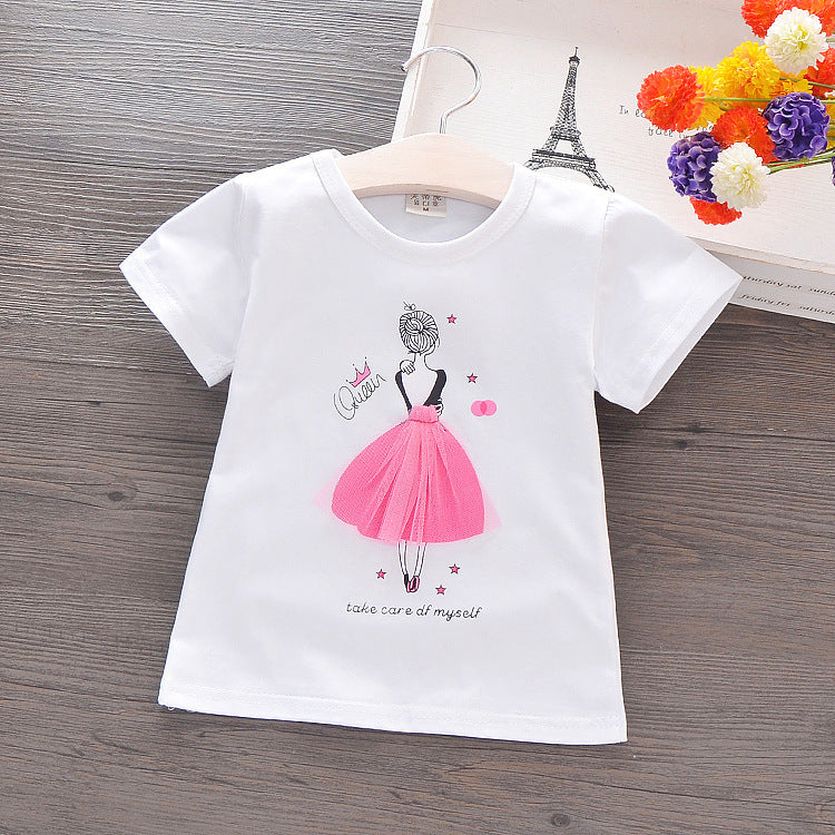 Vêtements d'été coréens pour enfants, T-shirt en coton à manches courtes pour enfants, chemise de dessin animé pour filles, chemise à manches mi-longues pour petites filles