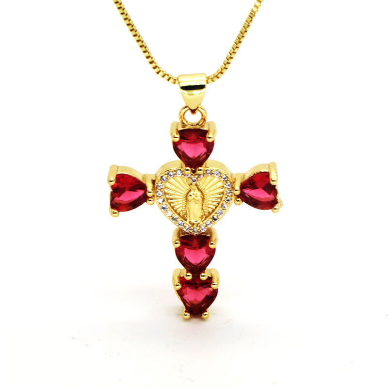 Hip-hop Fashion Inlaid Color Diamond Cross Love Virgin Mary Pendant Necklace For Women