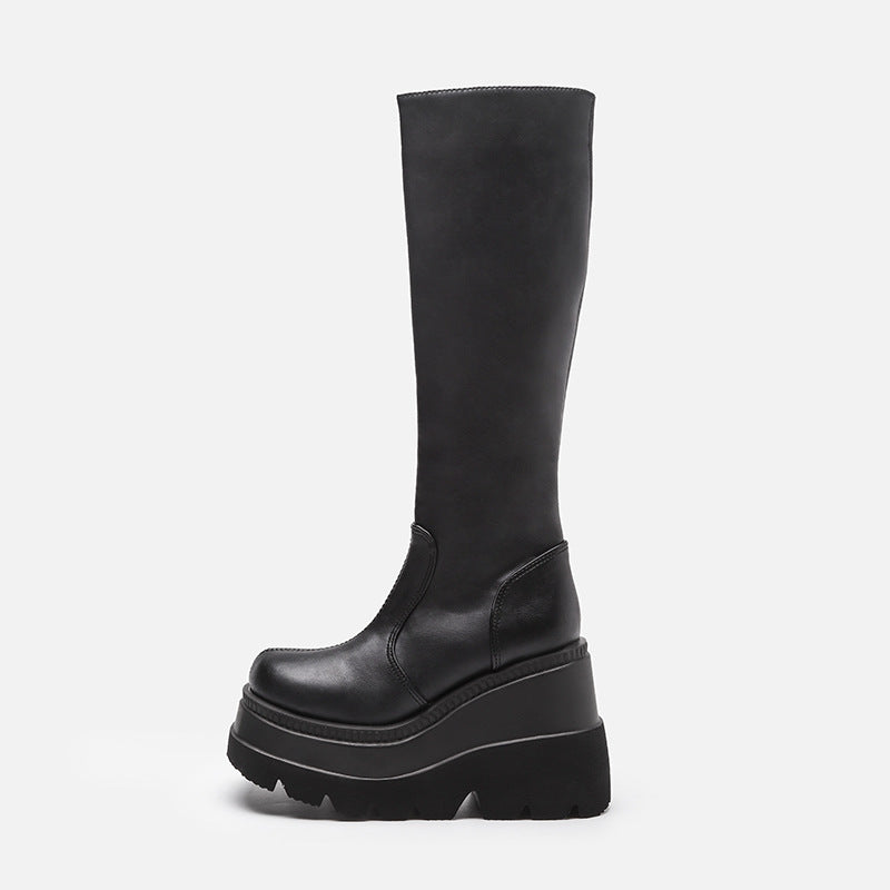 Bottes à hauteur de genou à plate-forme à petite circonférence de tube compensée à la mode pour femmes