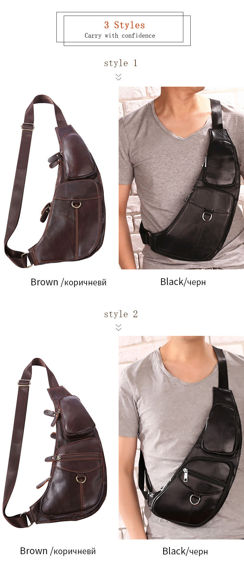 Bolso de cuero para hombre en el pecho Cartera informal de piel de vaca de primera capa