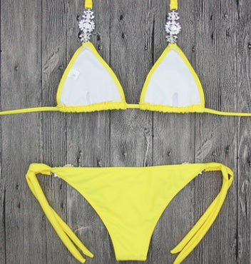Maillot de bain fendu sexy en forme de bikini avec diamants de couleur unie
