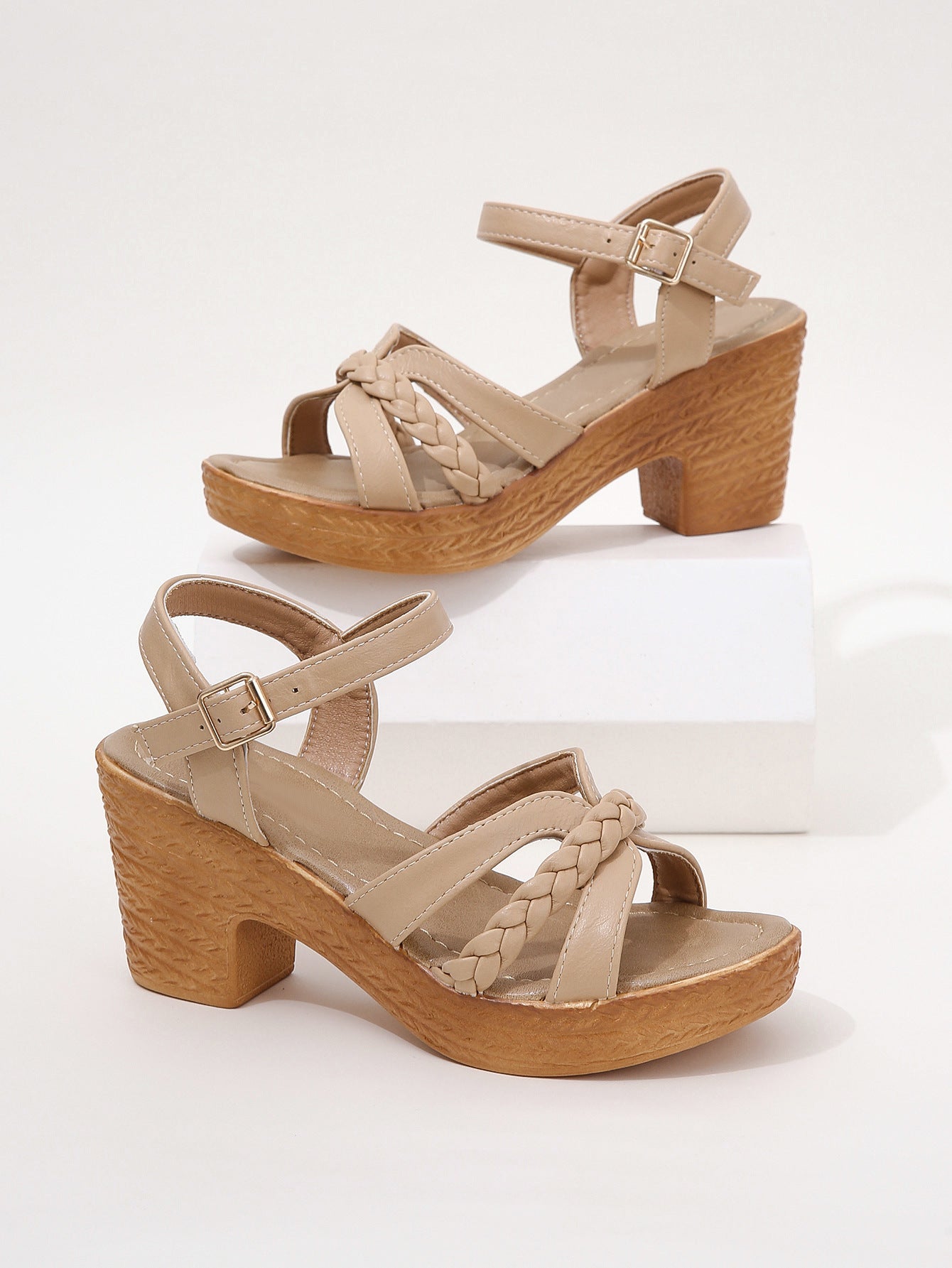Sandales à boucle et bride à la cheville, talon épais, tête ronde, commerce extérieur