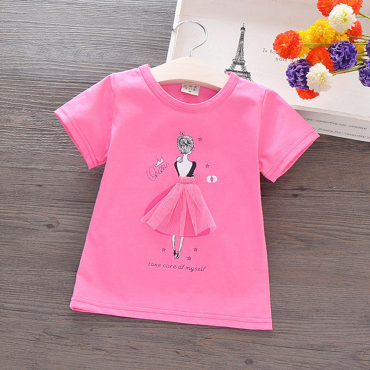 Vêtements d'été coréens pour enfants, T-shirt en coton à manches courtes pour enfants, chemise de dessin animé pour filles, chemise à manches mi-longues pour petites filles