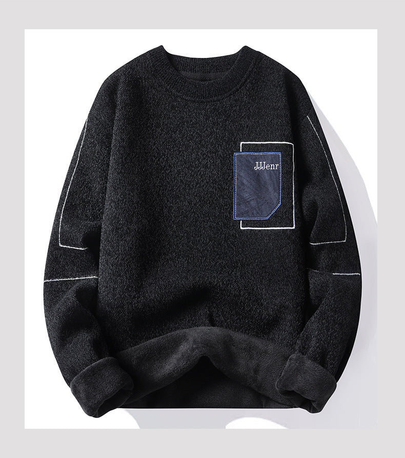 Men's Sweater Round Neck Long Sleeve Sweater Loose Splicing Knitwear Bottoming Top