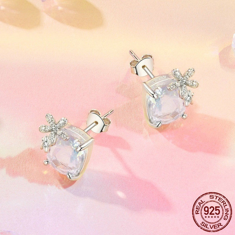 Boucles d'oreilles fantaisie fleur en pierre principale pour femmes, colorées et brillantes, luxe exquis, en argent Sterling 925