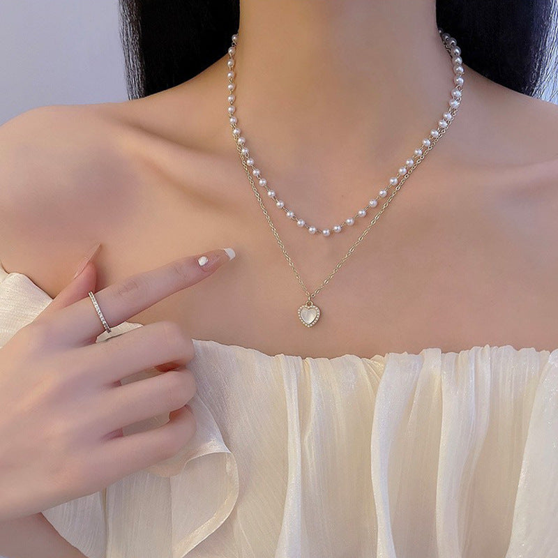 Women's Pearl Double-layer Opal Heart Necklace