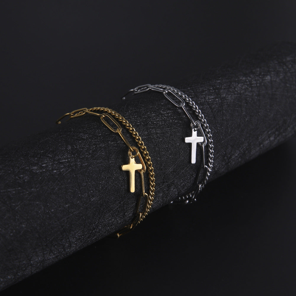 Trendy Fashion Titanium Steel Double Layer Twin Welding Chain Cross Chain Bracelet