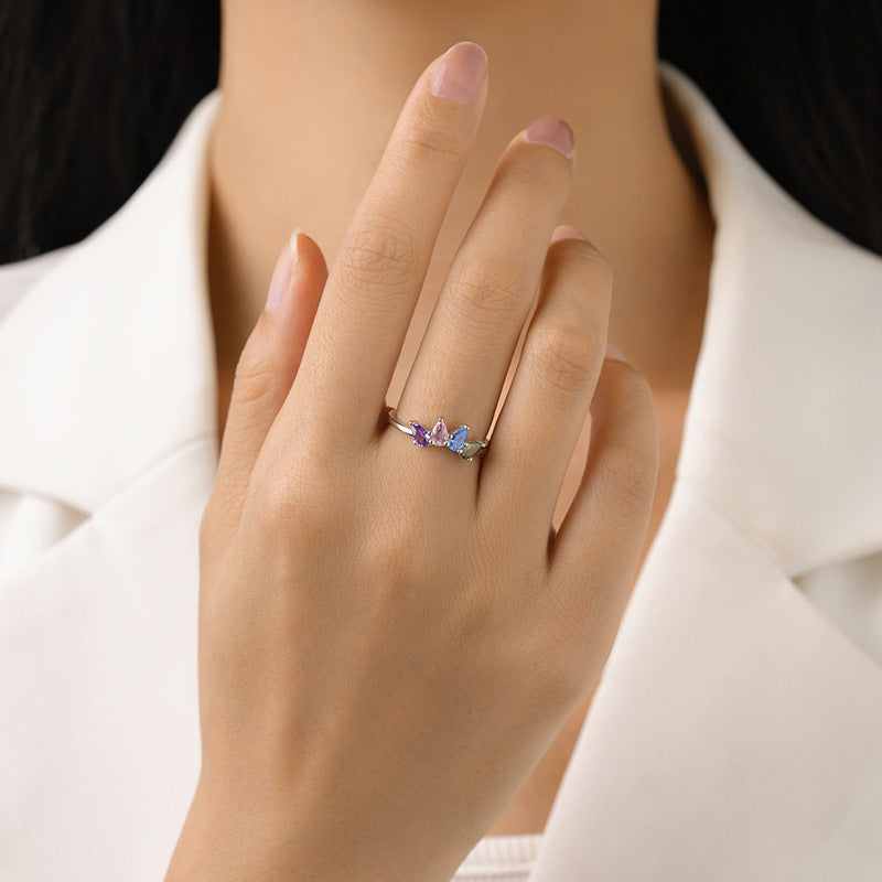 Women's S925 Sterling Silver Drop-shaped Color Zircon Ring
