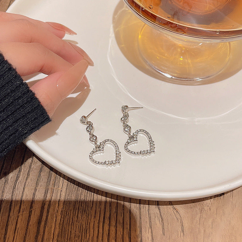 Boucles d'oreilles en argent Sterling pour femmes, aiguille scintillante, strass complets, cœur d'amour, Ins