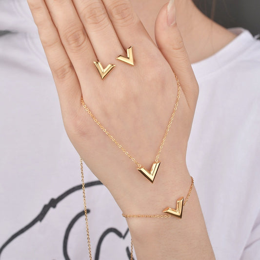 Collier Simple en forme de V en acier inoxydable, Bracelet, clous d'oreilles, costume