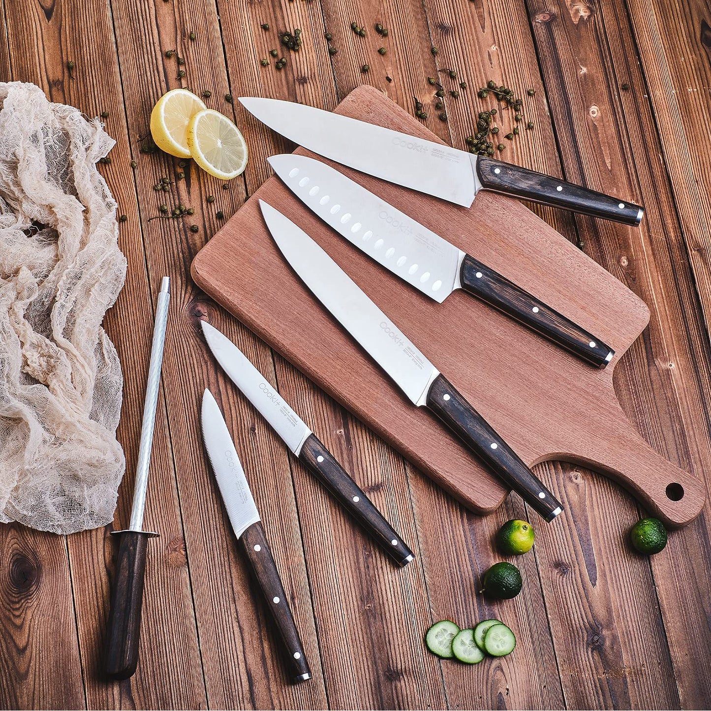 Bloc à couteaux avec couteau, ensemble de 9 couteaux de cuisine tranchants avec support de bloc en acrylique, manche en bois avec aiguiseur manuel, ciseaux à éplucher - Meilleur ensemble de couverts cadeau Plateforme Amazon