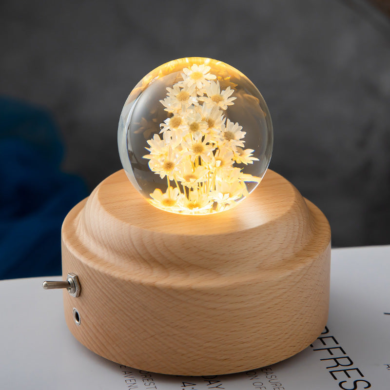 Lámpara LED de noche con bola de cristal y flores para niños, lámpara de noche con Base de madera, luz ambiental para dormitorio, regalo creativo, luz nocturna