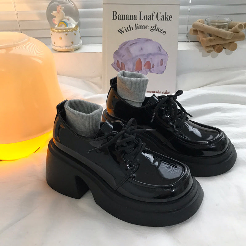 Talons hauts épais avec petites chaussures en cuir à lacets, chaussures simples polyvalentes noires de Style britannique pour femmes