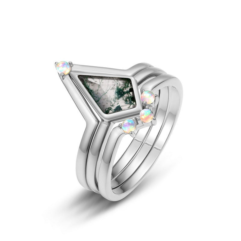 Bague femme en argent S925 incrustée de pierre de mousse verte