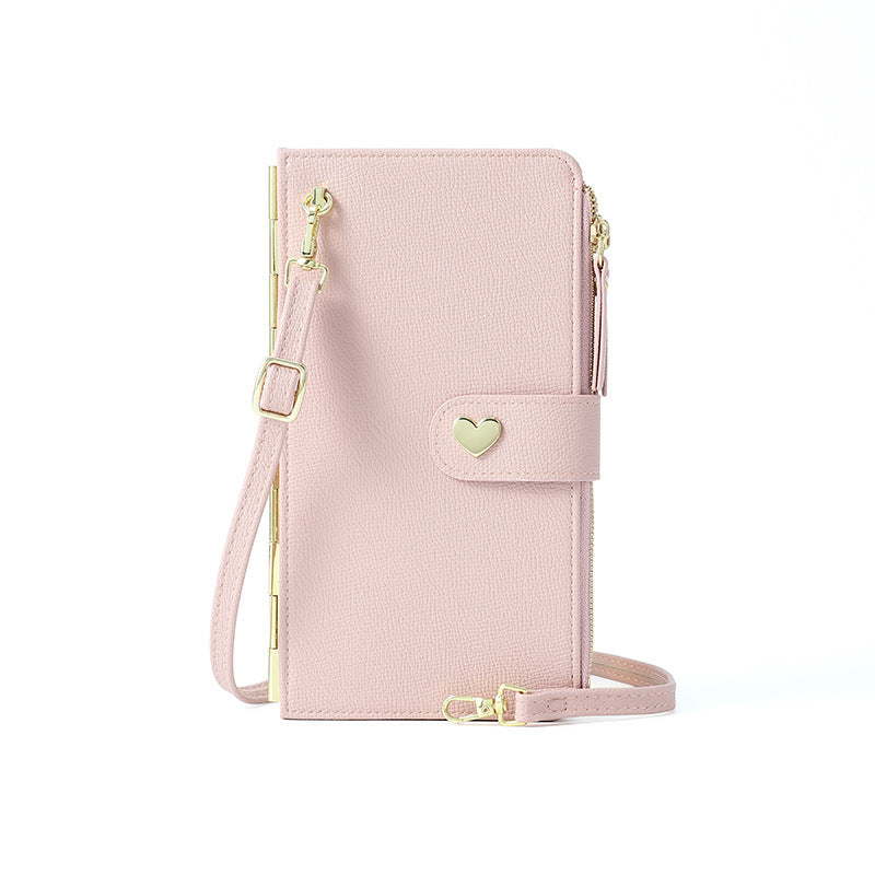 Bolsos para teléfono móvil con pantalla táctil transparente, cartera larga con hebilla de amor, bolso de hombro tipo bandolera multifuncional para mujer