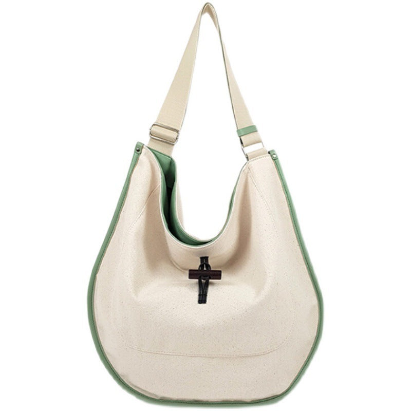 Contrast Color Texture Drawstring Tote Large Capacity Canvas Stitching Leather Simple Bag