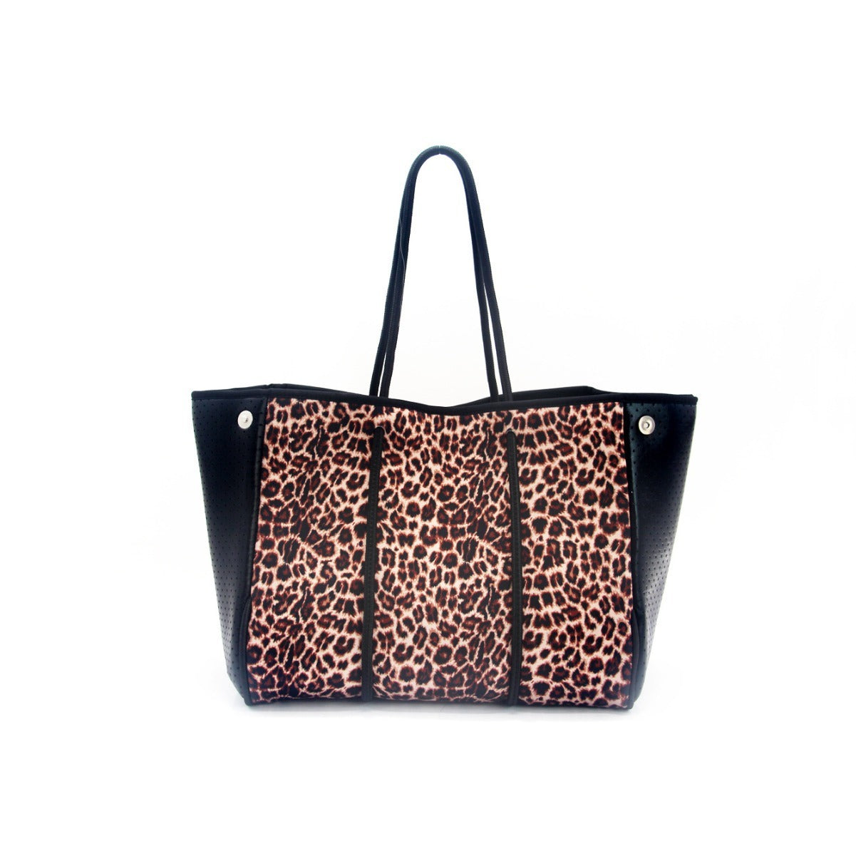 Bolso de playa portátil negro impreso con estampado de leopardo, viaje de ocio