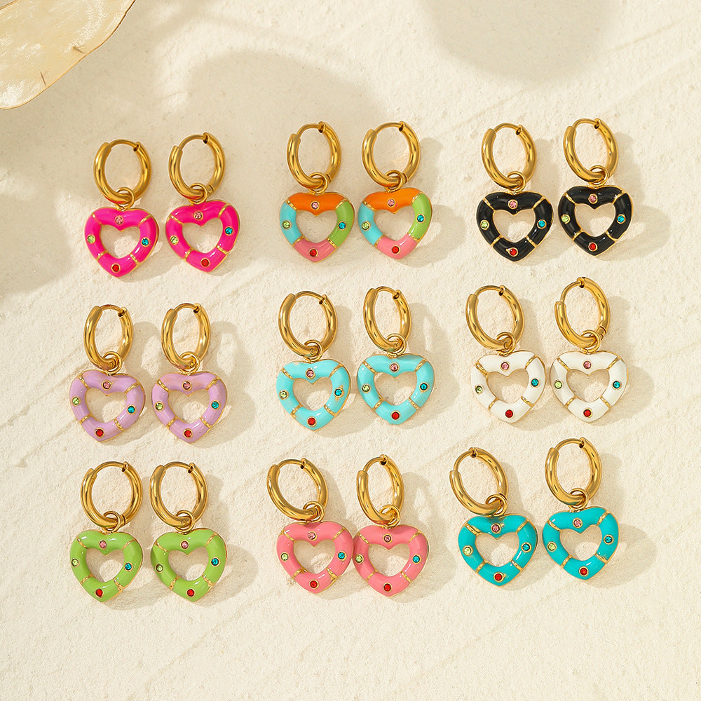 Boucles d'oreilles polyvalentes en forme de cœur avec diamants et huile goutte à goutte multicolores