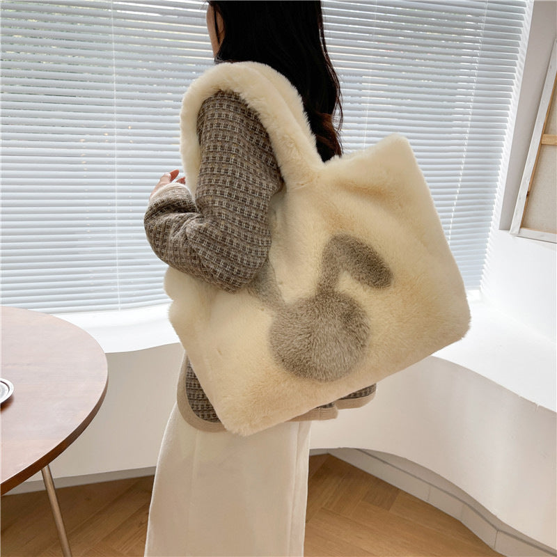 Sac en peluche oreilles de lapin de dessin animé mignon, sac à bandoulière d'automne et d'hiver, sacs à main de Shopping grande capacité, fourre-tout personnalisé pour femmes