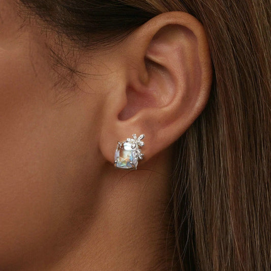 Boucles d'oreilles fantaisie fleur en pierre principale pour femmes, colorées et brillantes, luxe exquis, en argent Sterling 925