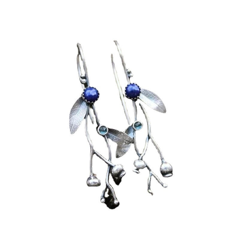Boucles d'oreilles Vintage Branches de vigne, feuilles simples européennes et américaines, perles en pierre bleue, crochets d'oreille